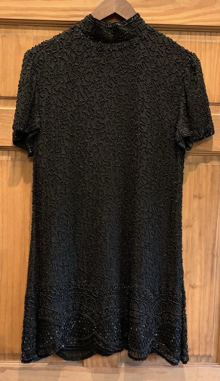Vintage 80s SCALA Black Silk Beaded Cocktail Dress Size Petite L